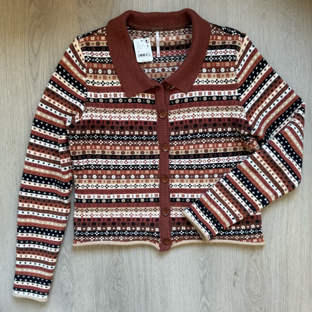 NWT FREE PEOPLE Oak and Pine Brown Black Women's Cardigan Sweater Size XL